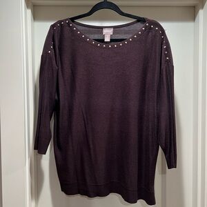 Chico's Dark Brown Studded Scoop Neck Sweater